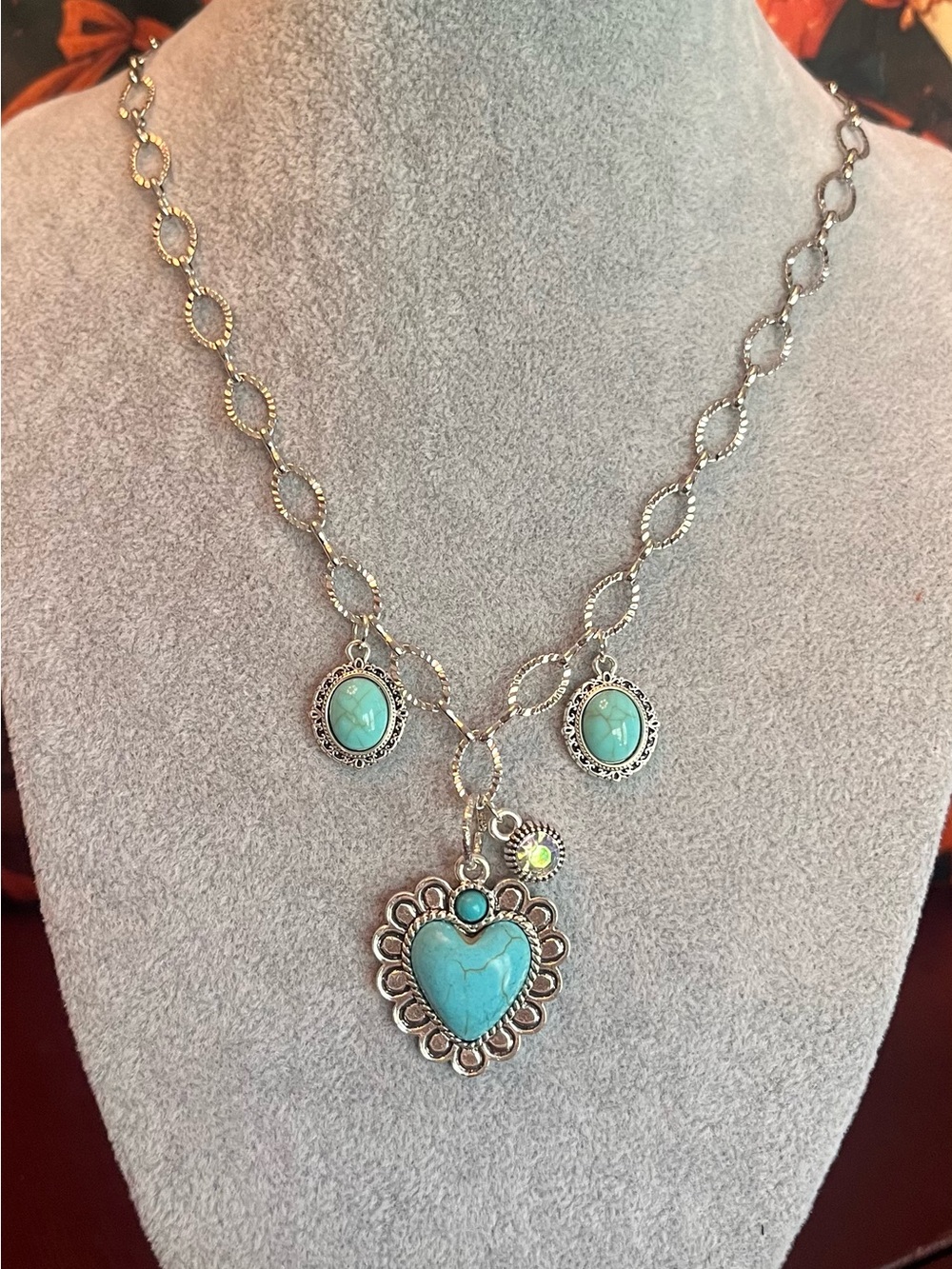 Turquoise Heart Custom Made Pendant Silver Necklace - Turquoise Accent Charms